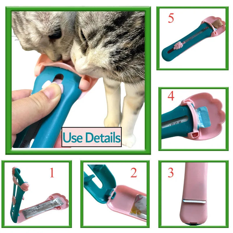 Green and pink pet feeding spoon with extrusion design for liquid food and snack dispensing