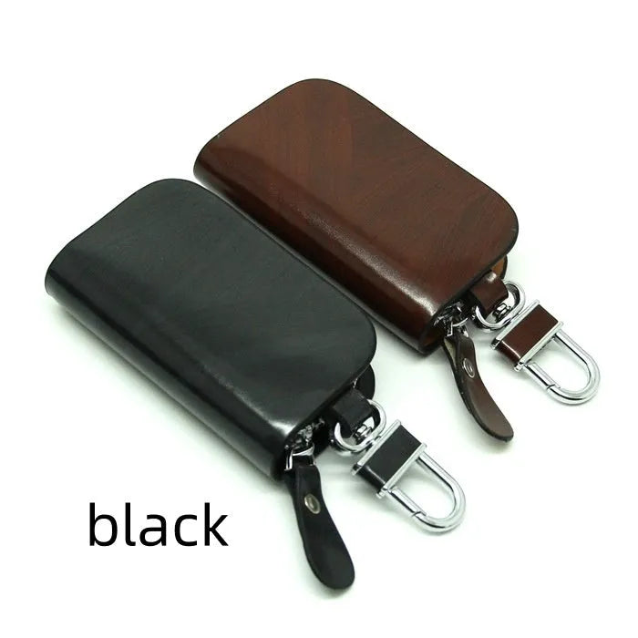 Genuine leather car key case with frost finish and zipper closure in black or brown
