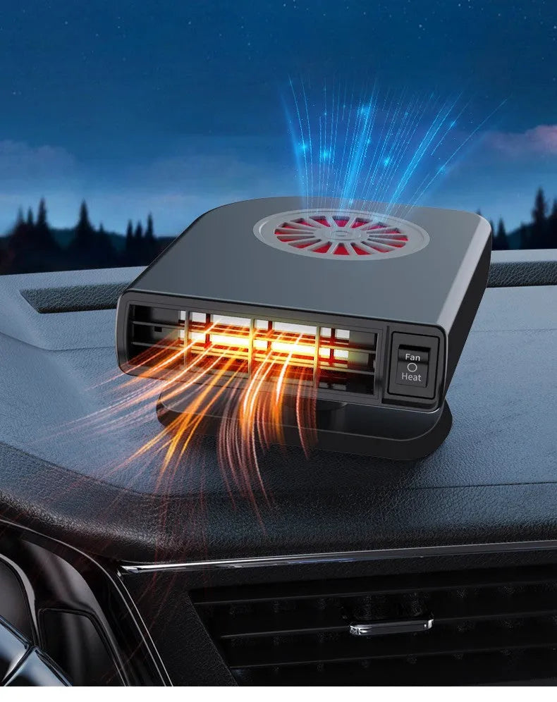 Black vehicle-mounted heater showing adjustable vents, dimensions 11x6.5x14cm, with double-sided adhesive.