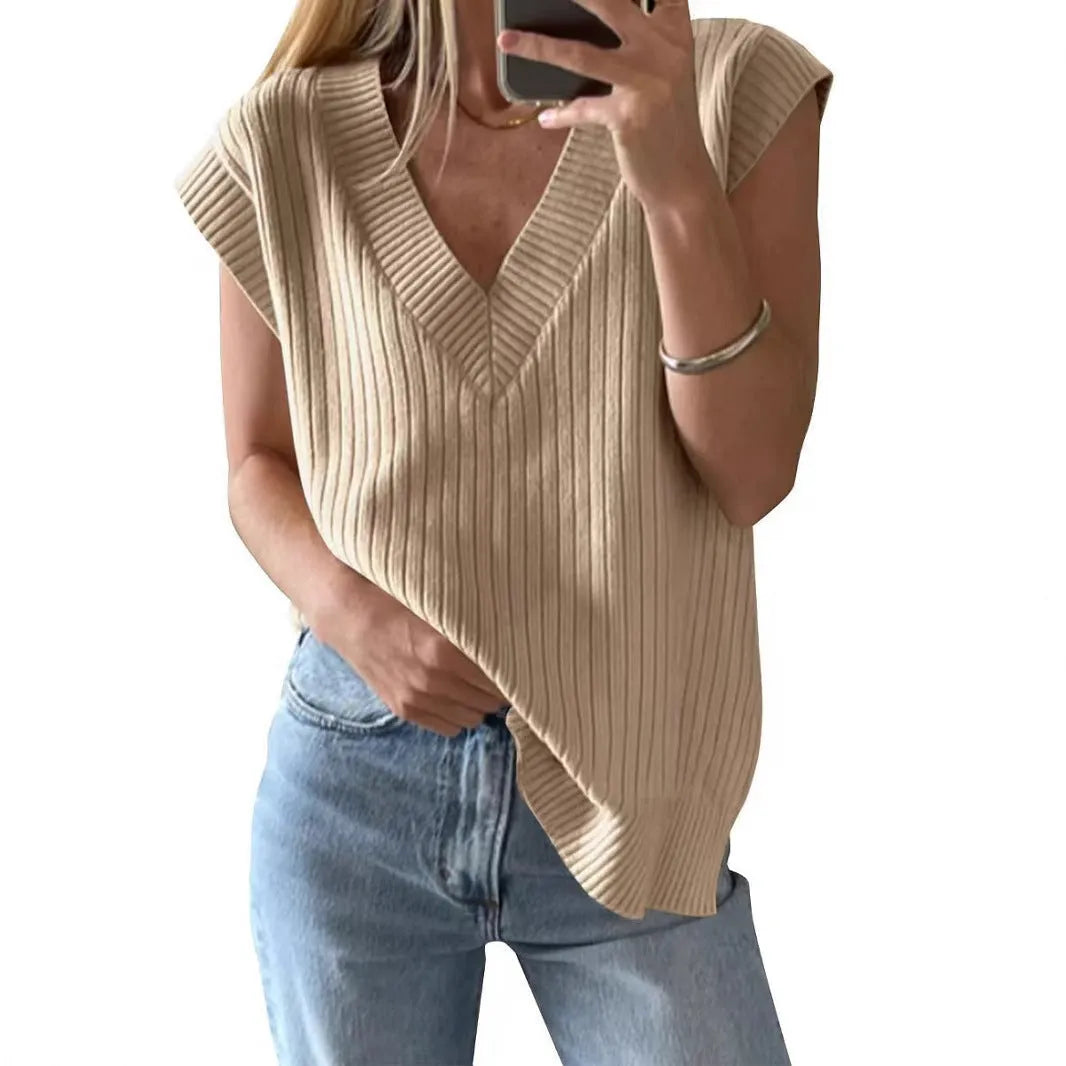 Women's V-neck sleeveless pullover vest in loose fit camel colour viscose fabric