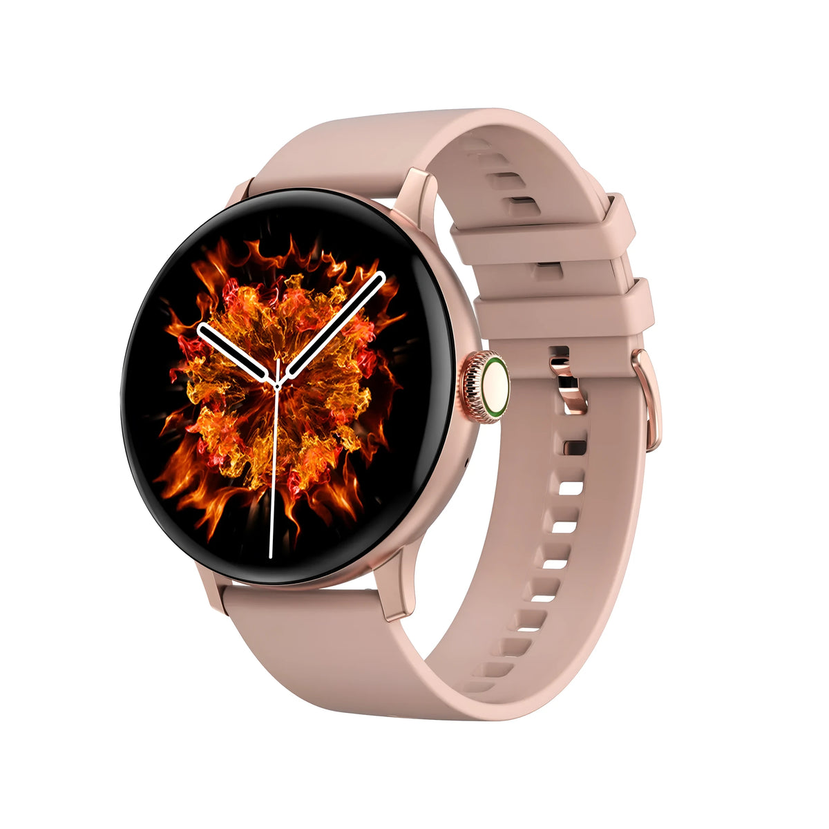 Round Bluetooth smart bracelet with touchscreen on a wrist, showing call and heart rate functions.