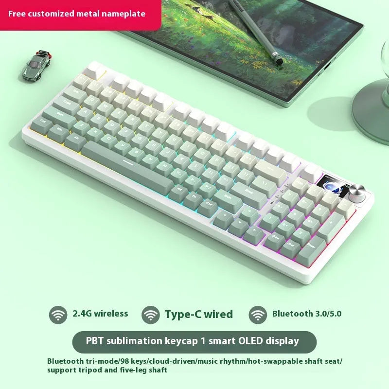 White screen version 98-key wireless mechanical keyboard kit with metal knob on desk