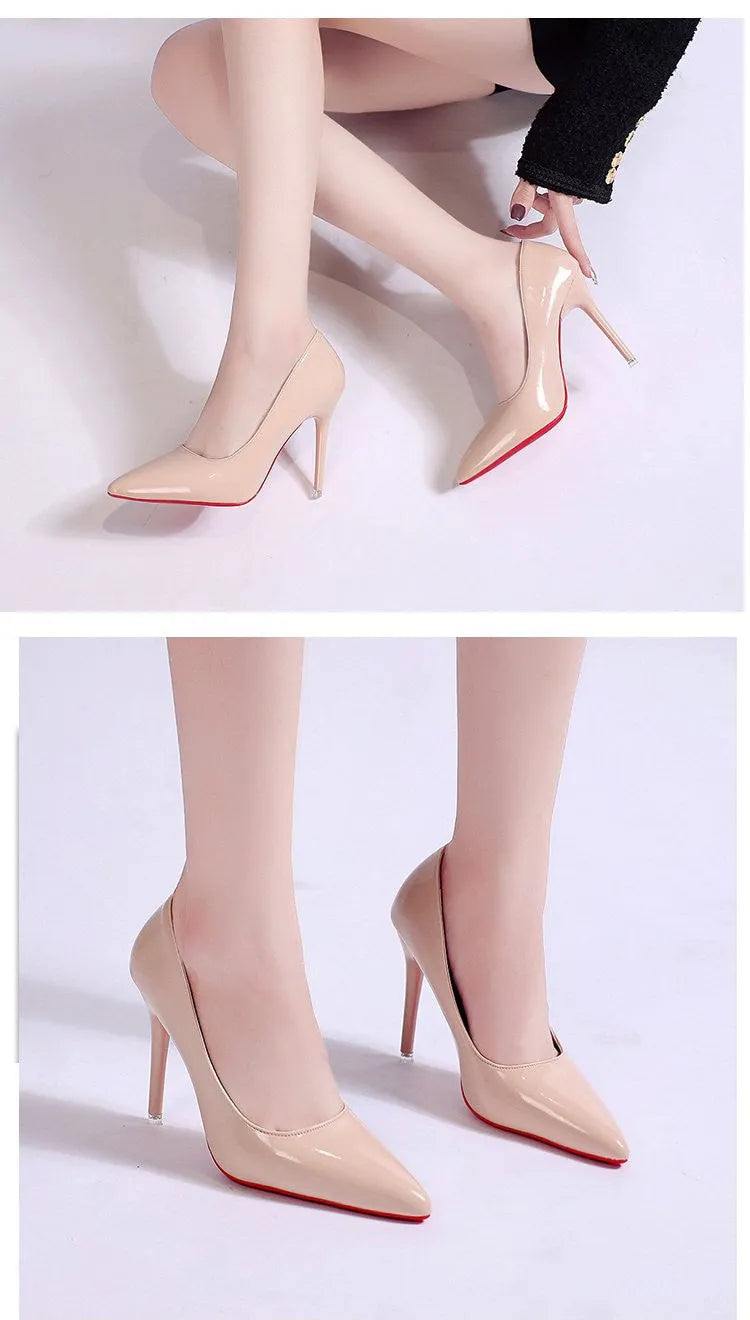 Women's solid colour stiletto heel pumps with pointed toe and shallow cutout design