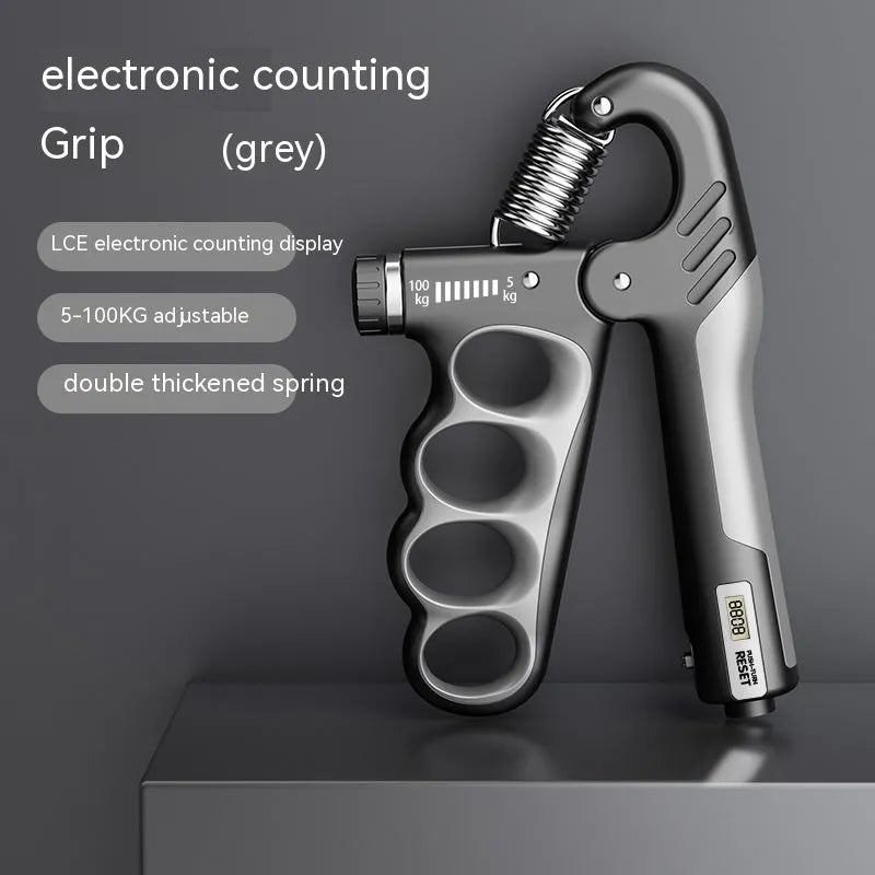 Electronic spring grip hand exerciser with digital counter display in orange colour