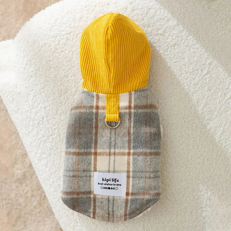 Blue corduroy dog vest with chessboard pattern and hood, size guide showing weight ranges