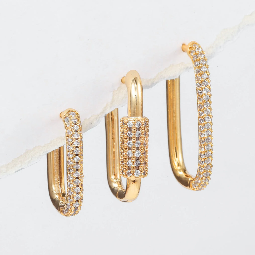 Three geometric ear clips with micro inlaid zircon stones in gold and white colour options
