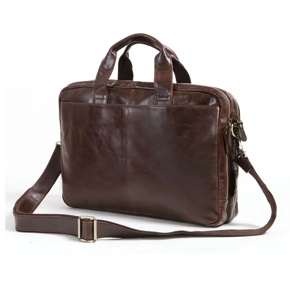 Brown men's business briefcase made from first layer cowhide leather measuring 18 inches