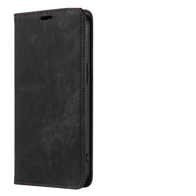 Magnetic flip phone case for iPhone in grey, made from TPU and leather with a solid colour design.