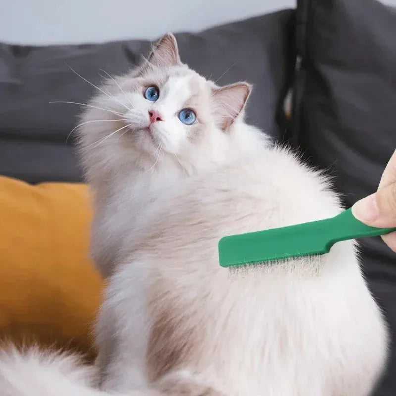Green plastic handle flea comb with stainless steel pins for dogs and cats.