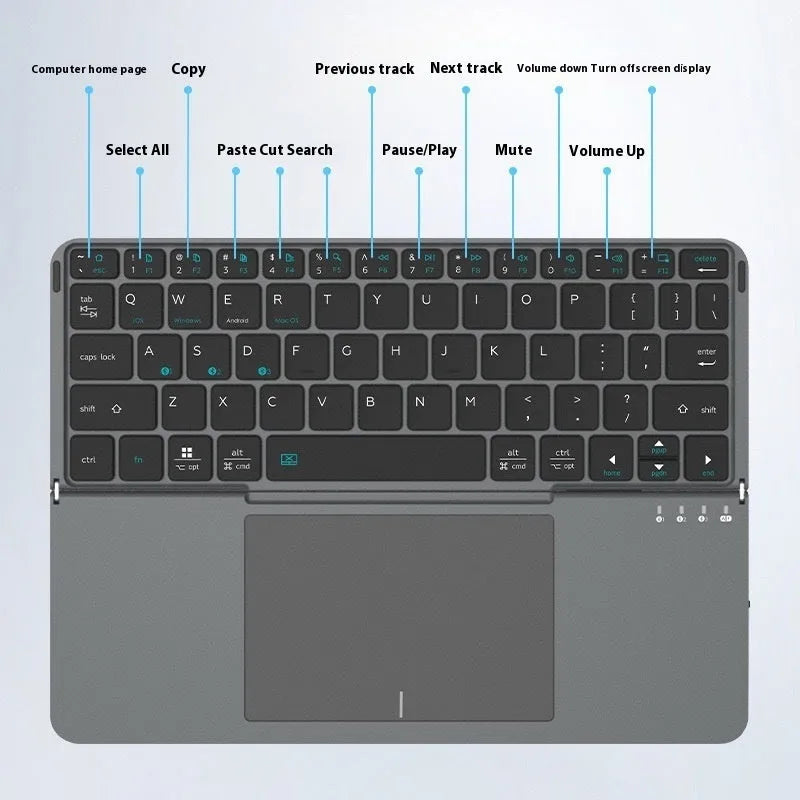 Grey Bluetooth wireless folding keyboard for mobile phones and tablets showing compact design