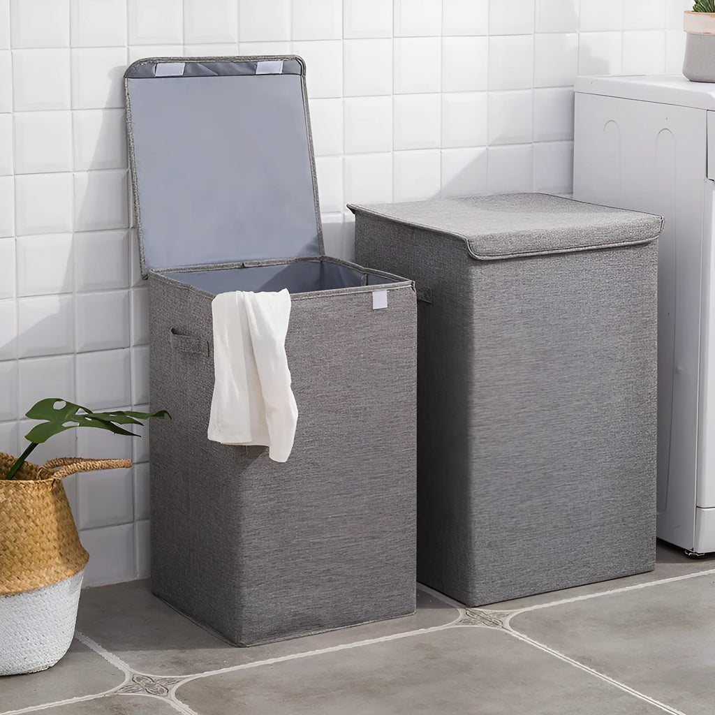 Foldable cotton linen storage basket in modern simplicity style showing collapsible design