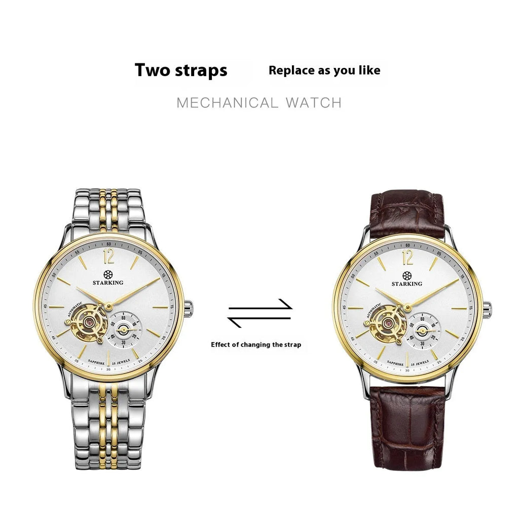 Automatic mechanical business watch with brown leather strap and stainless steel case