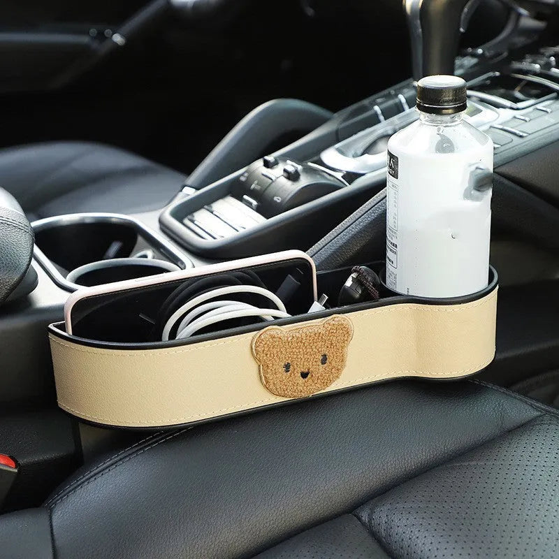Leather car seat gap storage box with cartoon bear design for vehicle organisation
