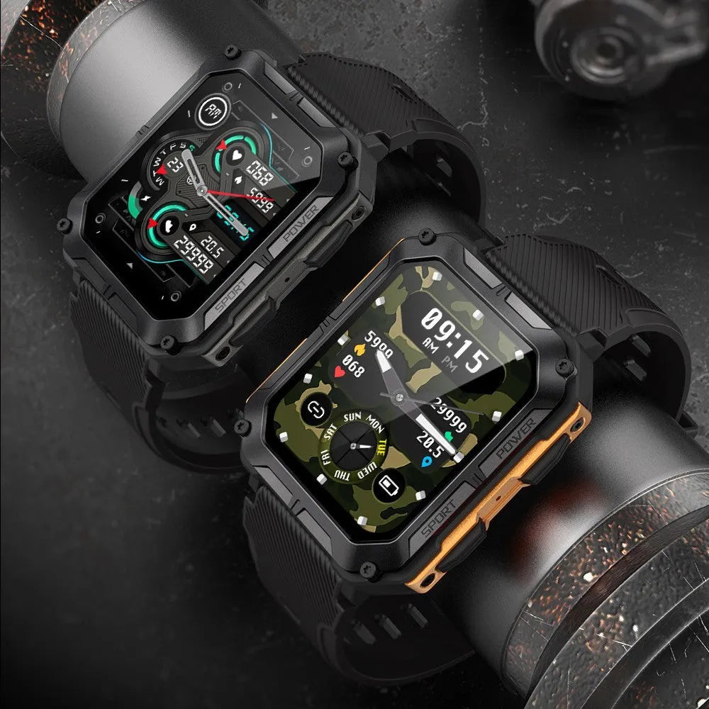 Square dial smart watch with aluminium alloy case and silicone strap showing Bluetooth calling function