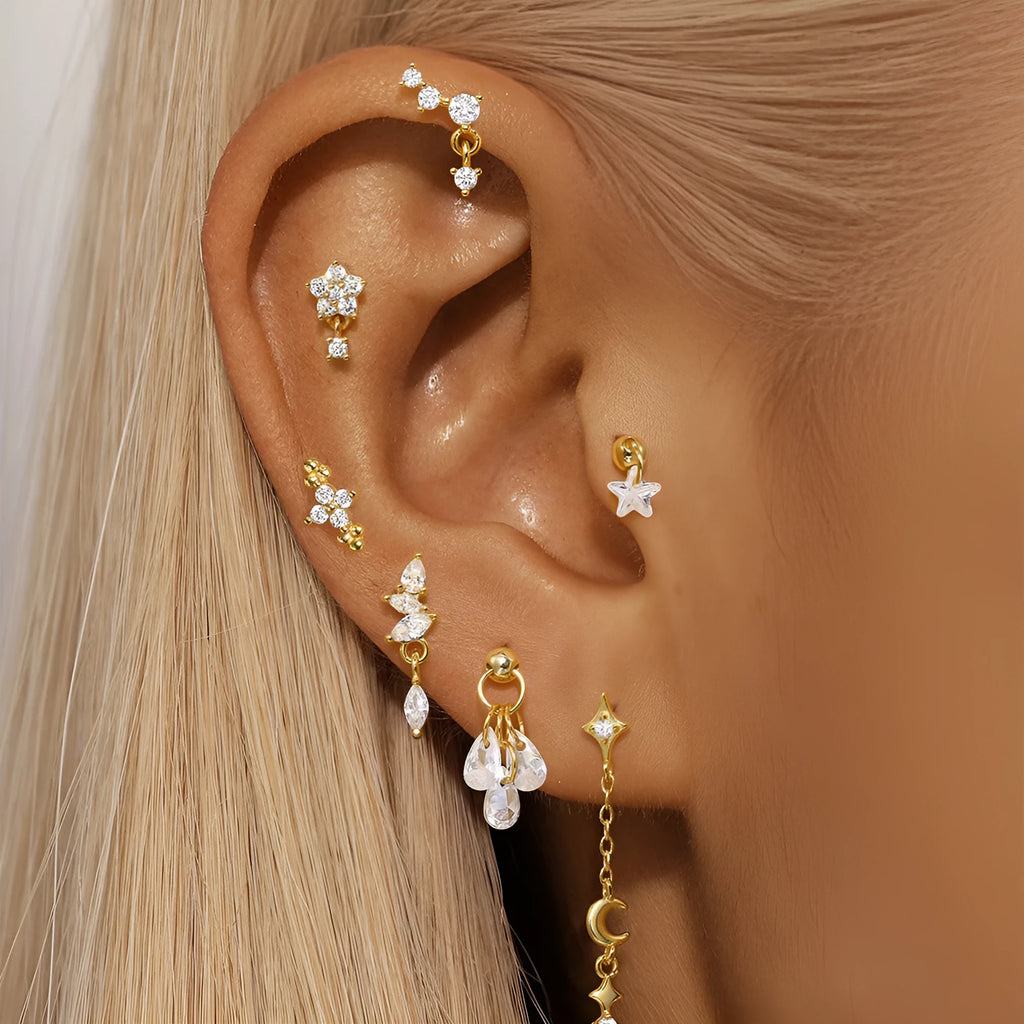 S925 sterling silver geometric moon and star earrings with embedded diamond accents in gold tone finish