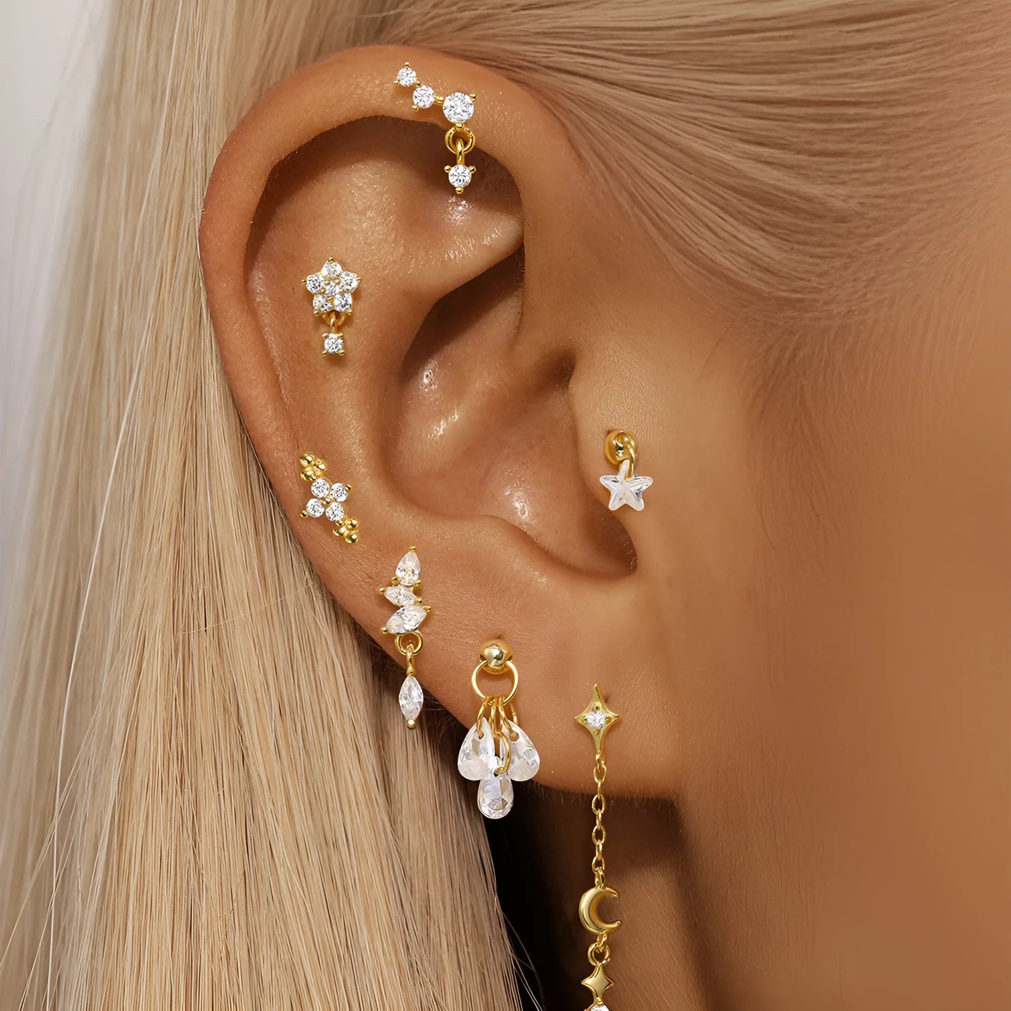 S925 sterling silver geometric moon and star earrings with embedded diamond accents in gold tone finish