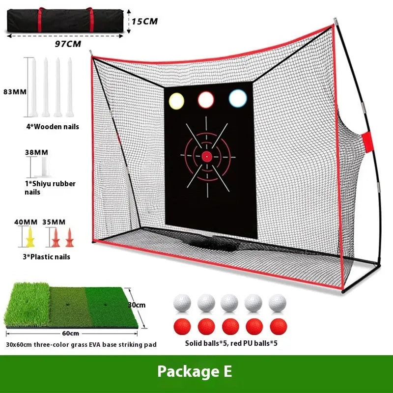 Golf swing wedge training net set with red and white practice balls on a turf mat.