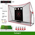 Golf swing wedge training net set with red and white practice balls on a turf mat.