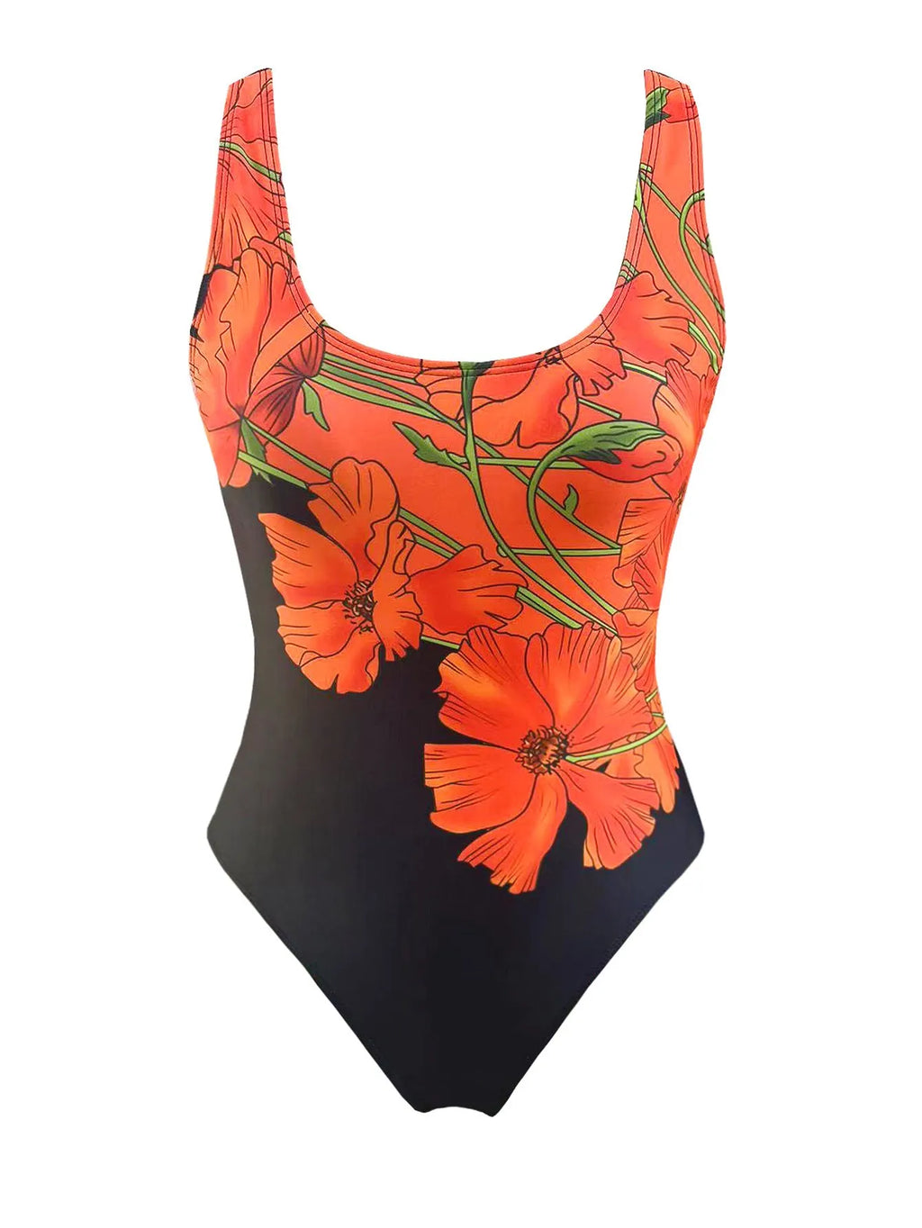 Orange floral print on a backless, slim-fit women's one-piece swimsuit