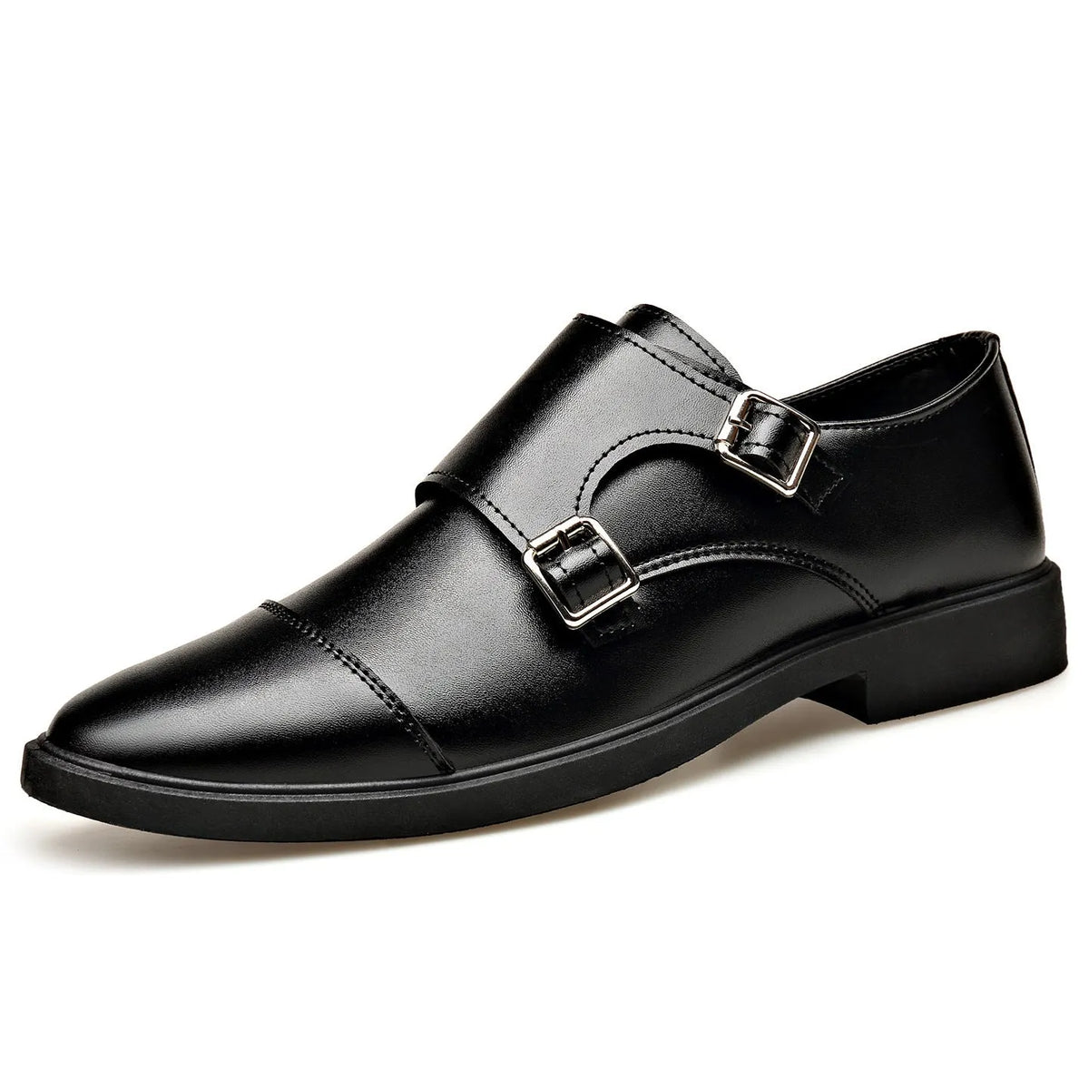 Black PU slip-on men's casual shoes with metal detail, flat square heel, low top, sizes 39-47