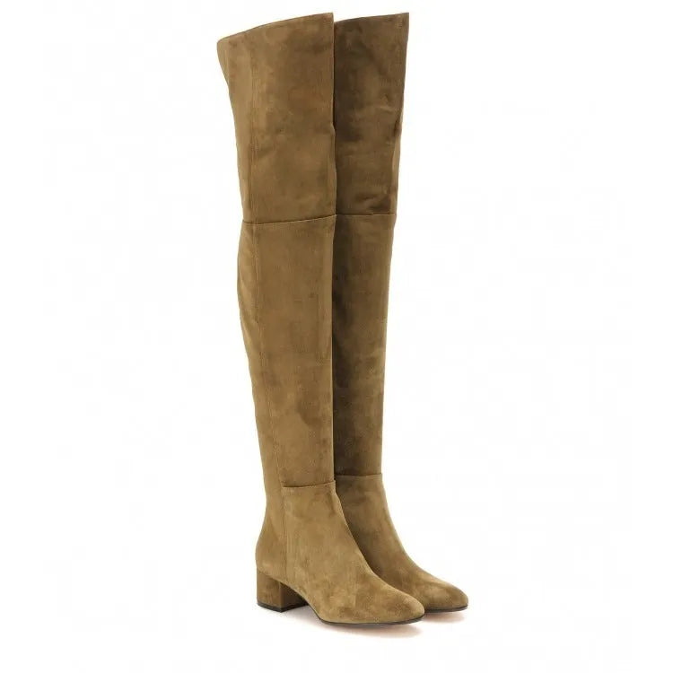 Grey suede women's over-the-knee flat boots with a pointed toe and low thick heel.