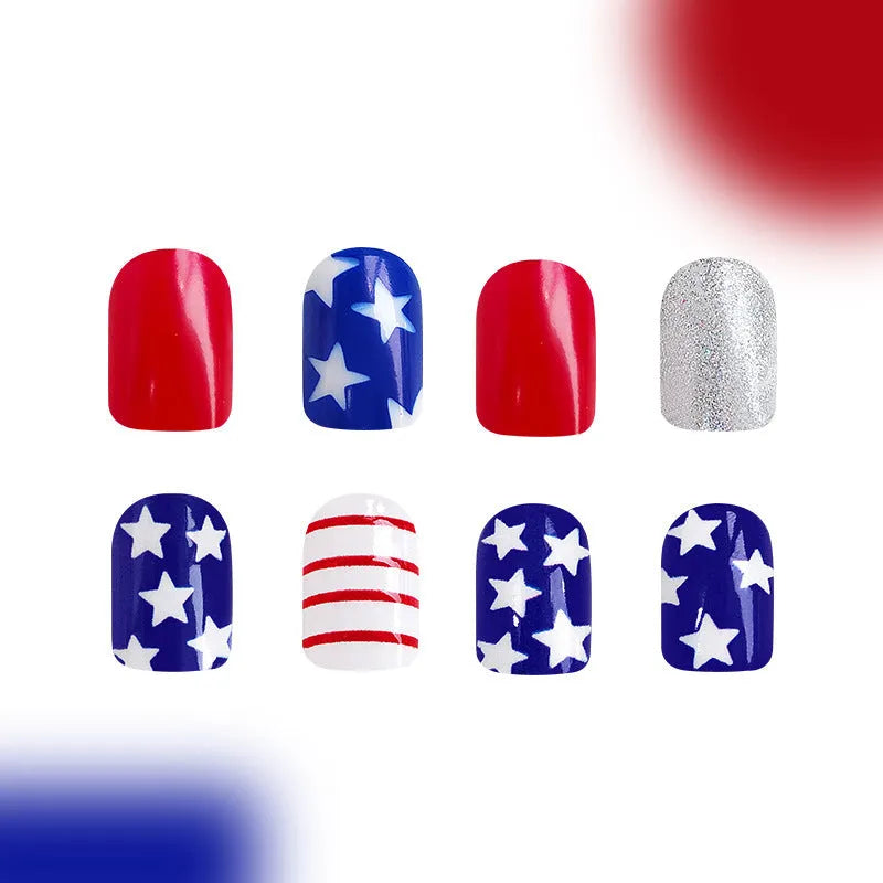 Red and blue glitter artificial nail tips with short European square shape.