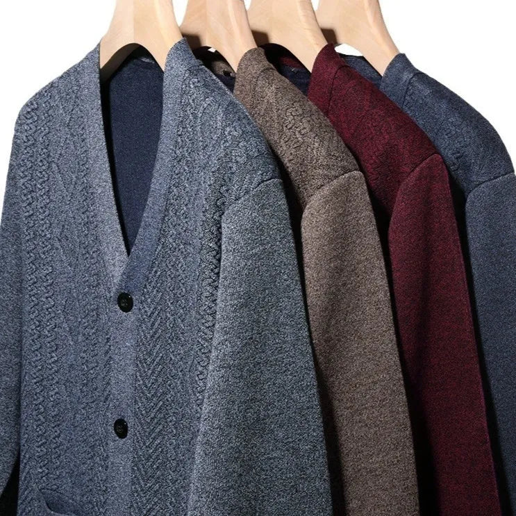 Men's striped cardigan sweater in brown colour, shown as an open front garment with long sleeves.