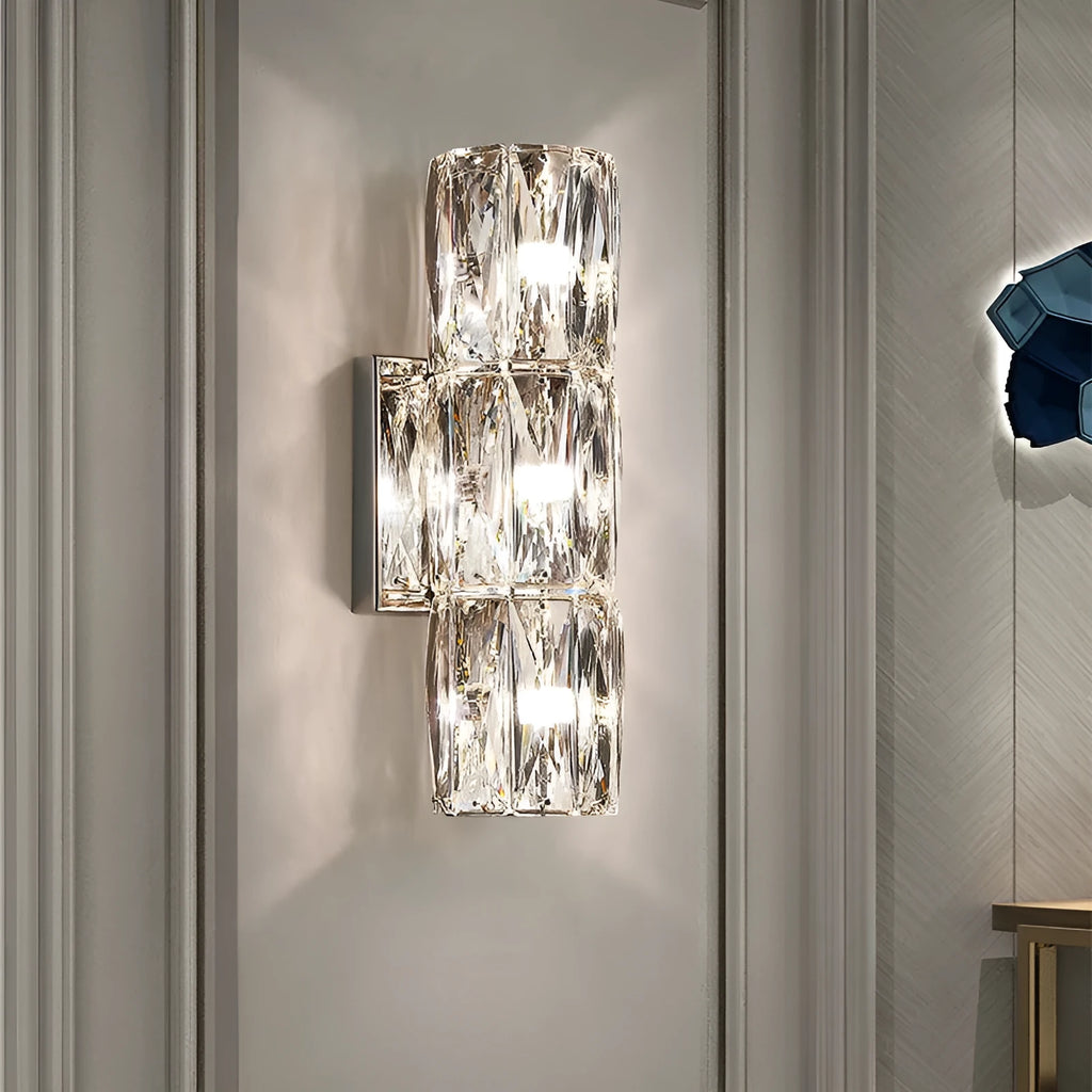 Crystal wall lamp in chrome or gold finish with LED light source and stainless steel mounting