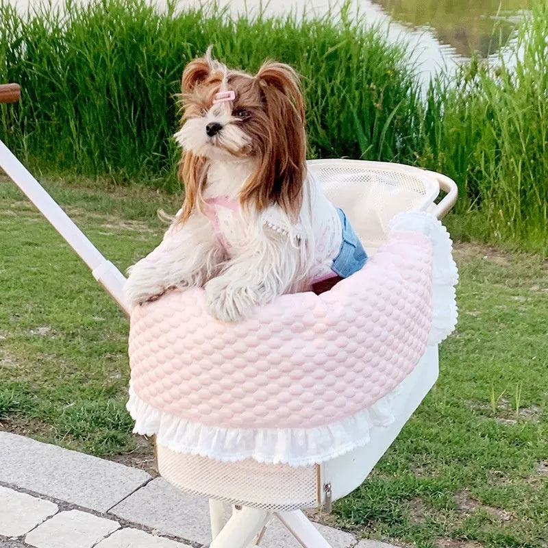Pure cotton pet stroller cushion set with pillow and anti-dirty towel in a floral pattern.