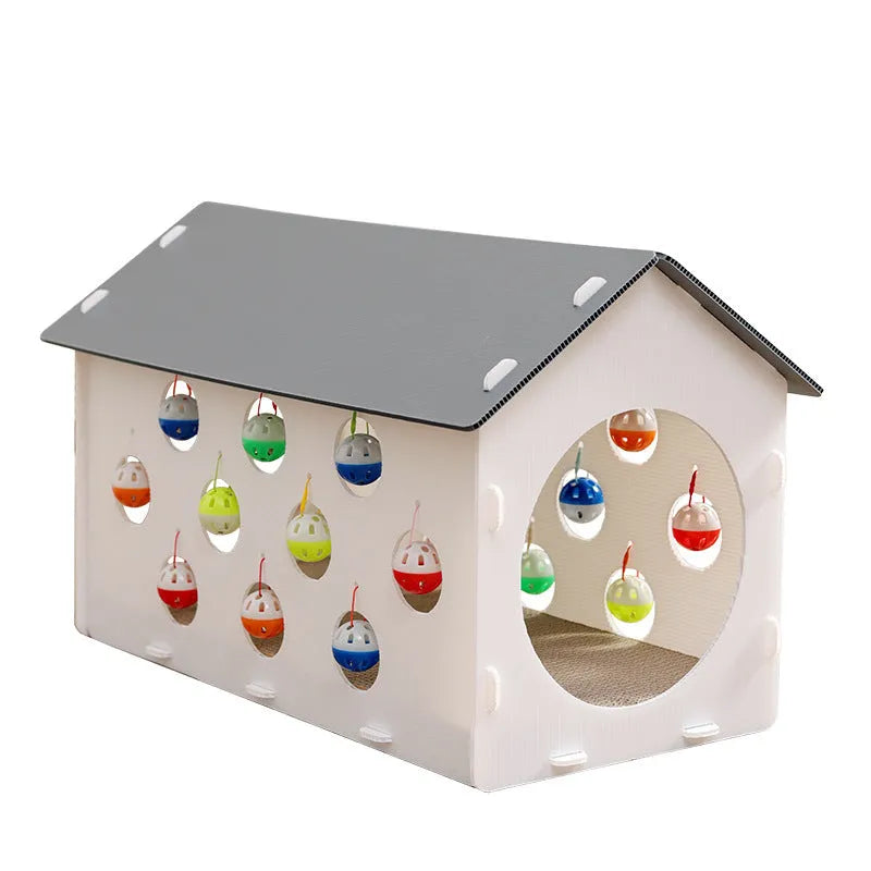 House-shaped cat scratch board with integrated bell ball tunnel and pet bed combination