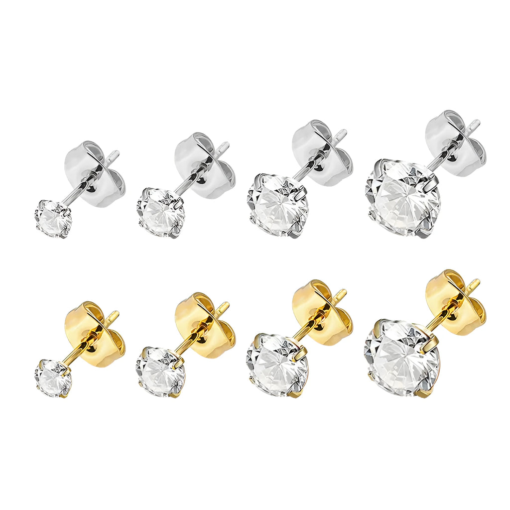 A pair of simple square-cut zircon stud earrings in stainless steel on a white background.