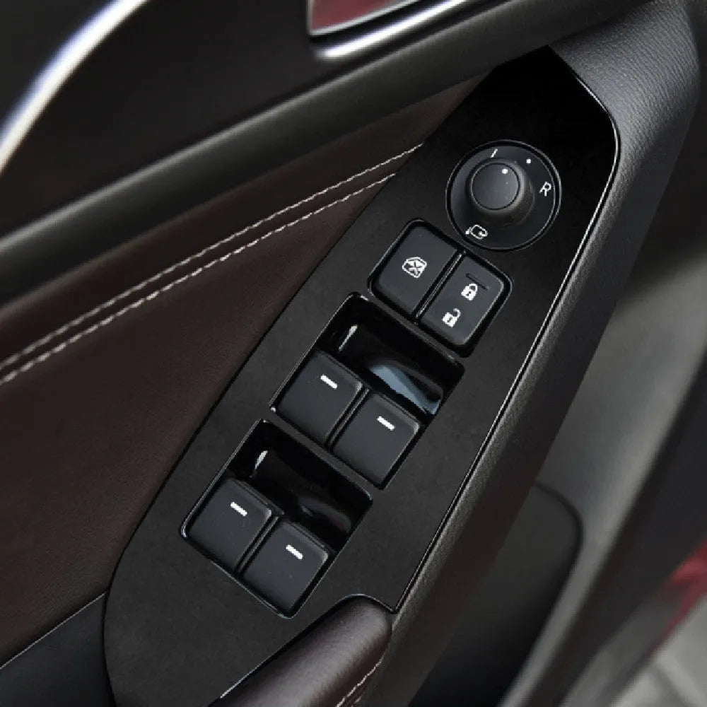 Four TPU protective films for a 14-19 car door control panel, showing transparent and black finish options.