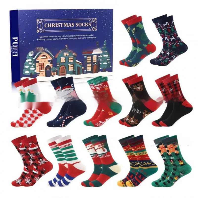 Assortment of seven different resin Christmas sock blind boxes for holiday decoration