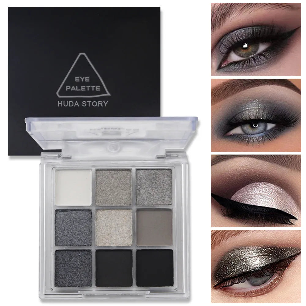 Smoked design nine-colour eye shadow palette showing white, silver, black, and iron grey shades