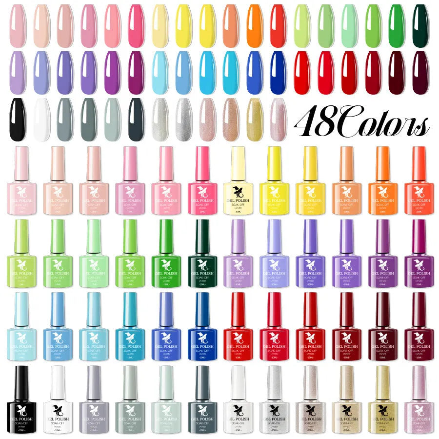 48 colour UV phototherapy gel nail polish set with 7ml bottles in sequins, frosted, glitter, nude and Morandi styles