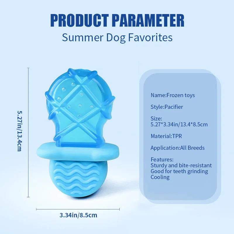 Three water-filled dog cooling toys: pacifier, popsicle and ring shapes for summer heat relief