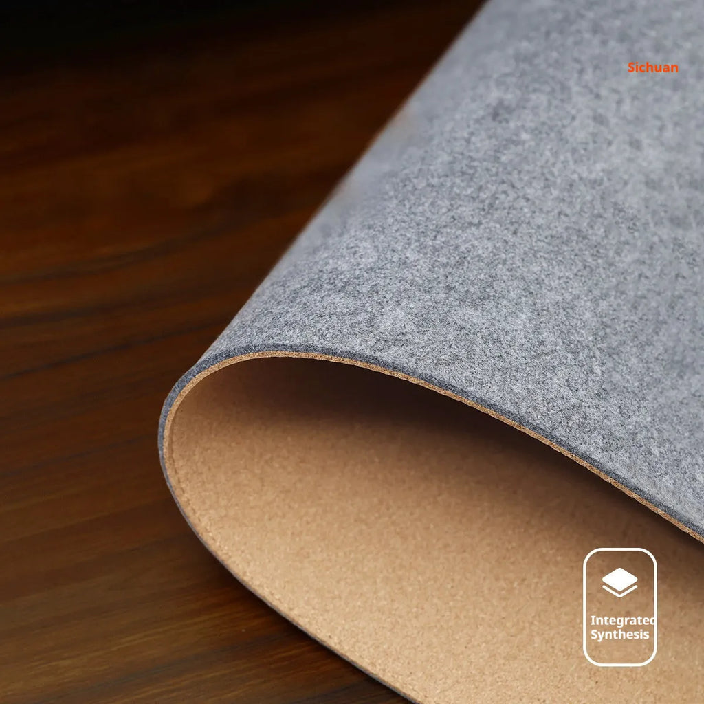 Oversized felt cork desk mat with Japanese simple design in grey colour options on wooden desk surface