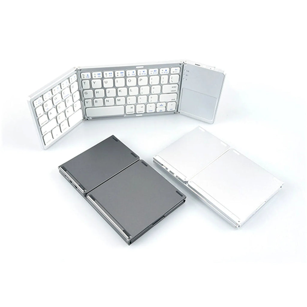 Mini tri-fold Bluetooth keyboard in black showing unfolded typing surface and thin profile