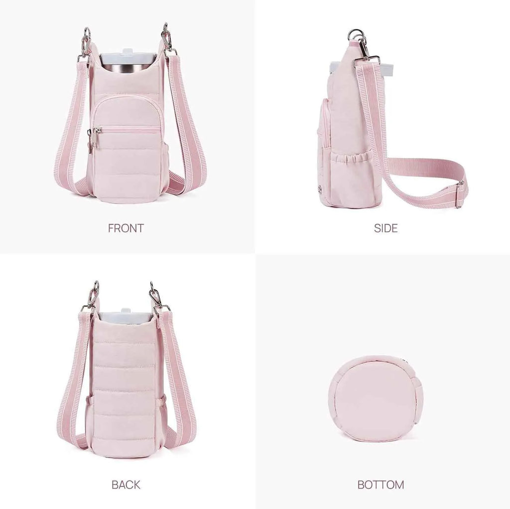Cloth bicycle water bottle bag in black, pink or beige colour on bike frame