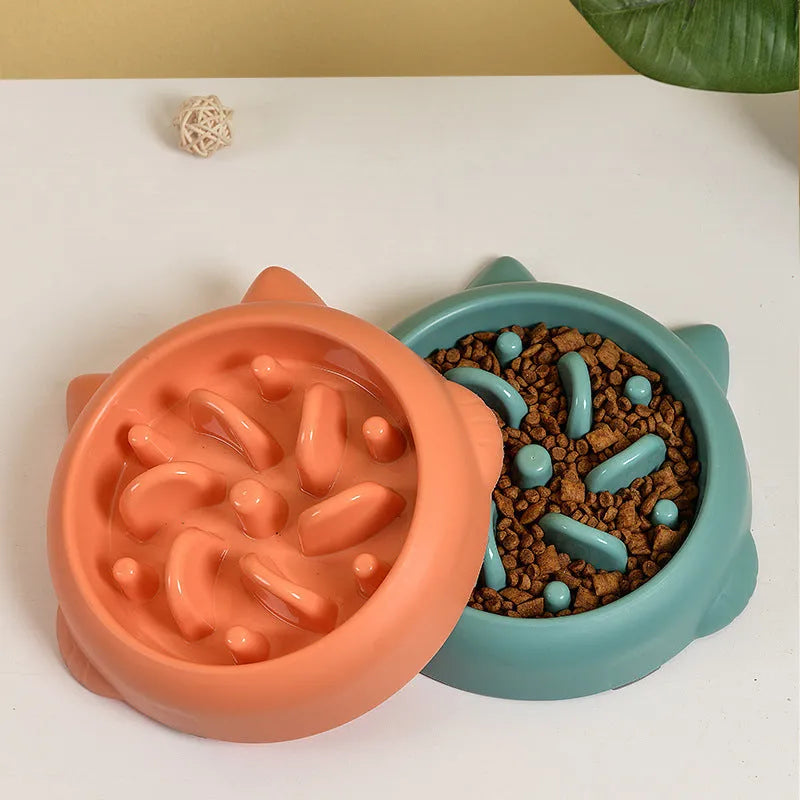 PP plastic dog slow feeder bowl with ridges and obstacles in green pink orange colours