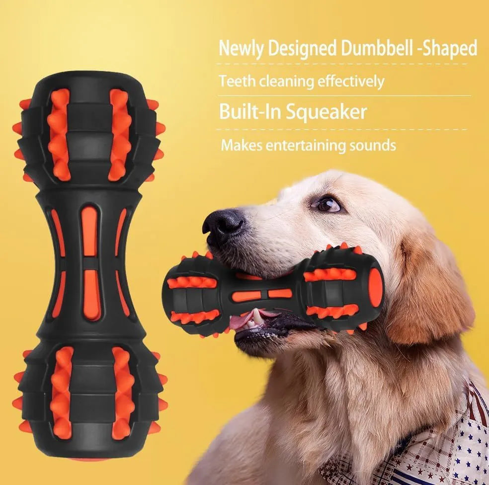 Red dumbbell-shaped dog chew toy made of natural rubber with textured surface