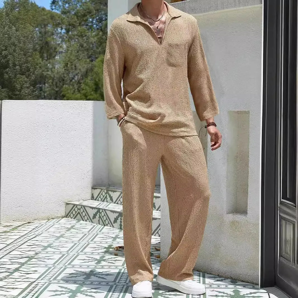 Men's casual polyester shirt trousers set in four colour options with young casual styling