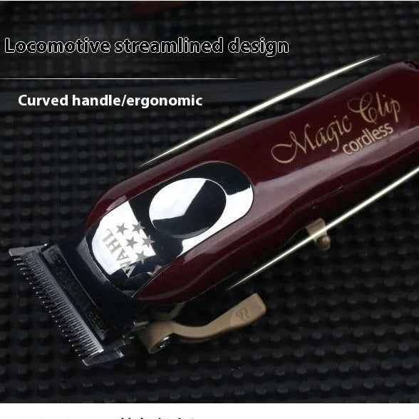 Charging hair clippers with stainless steel cutter head showing EU UK US plug options