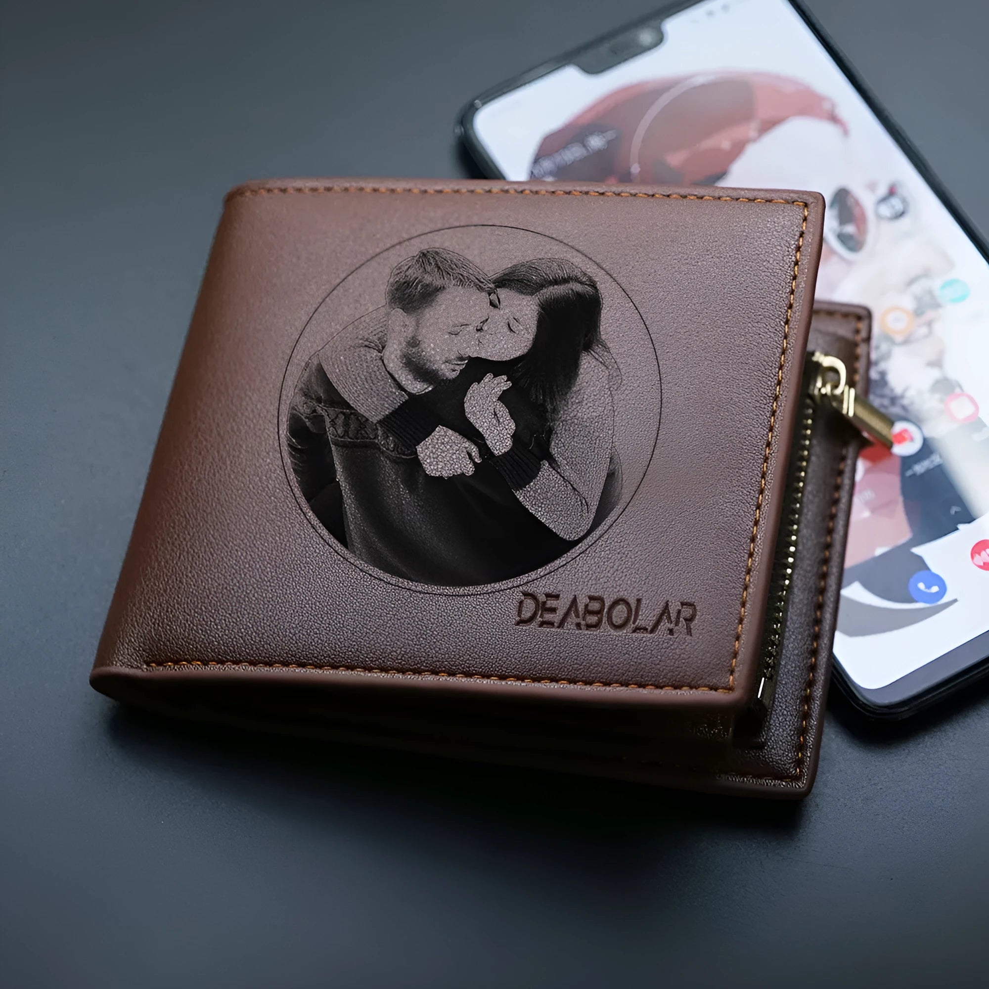 Men's brown leather wallet with a silver zipper closure, showing open view of multiple card slots.