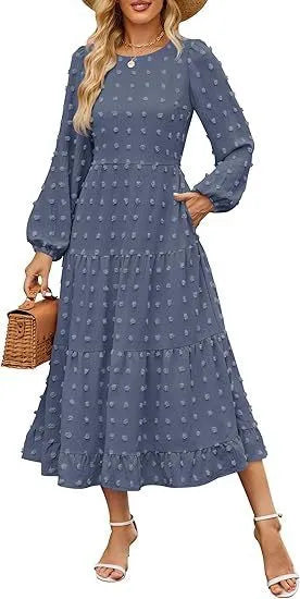 Women's beige polyester long sleeve dress with ruffle sleeves and high waist design