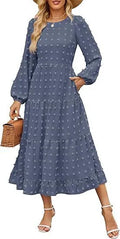 Women's beige polyester long sleeve dress with ruffle sleeves and high waist design