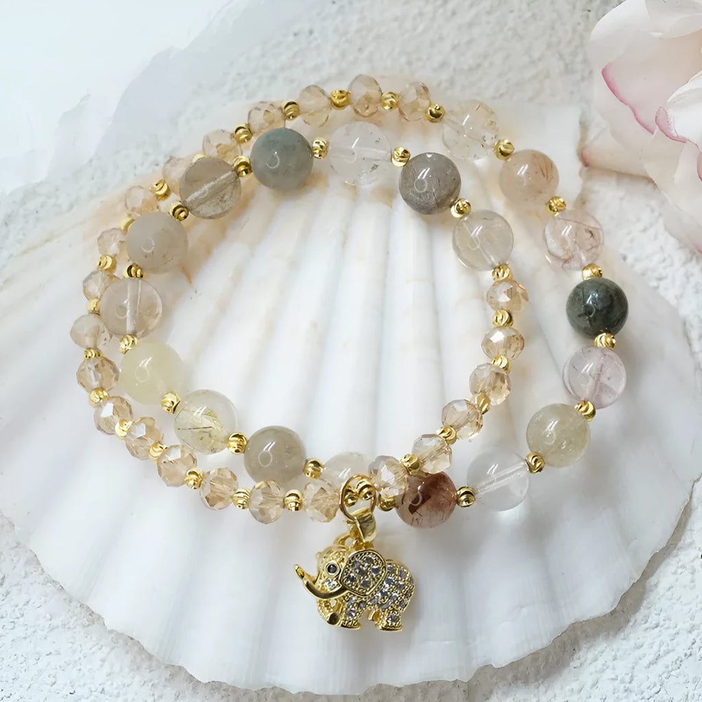 Retro multicolour bracelet for women made with colour hair crystal and strawberry quartz beads.