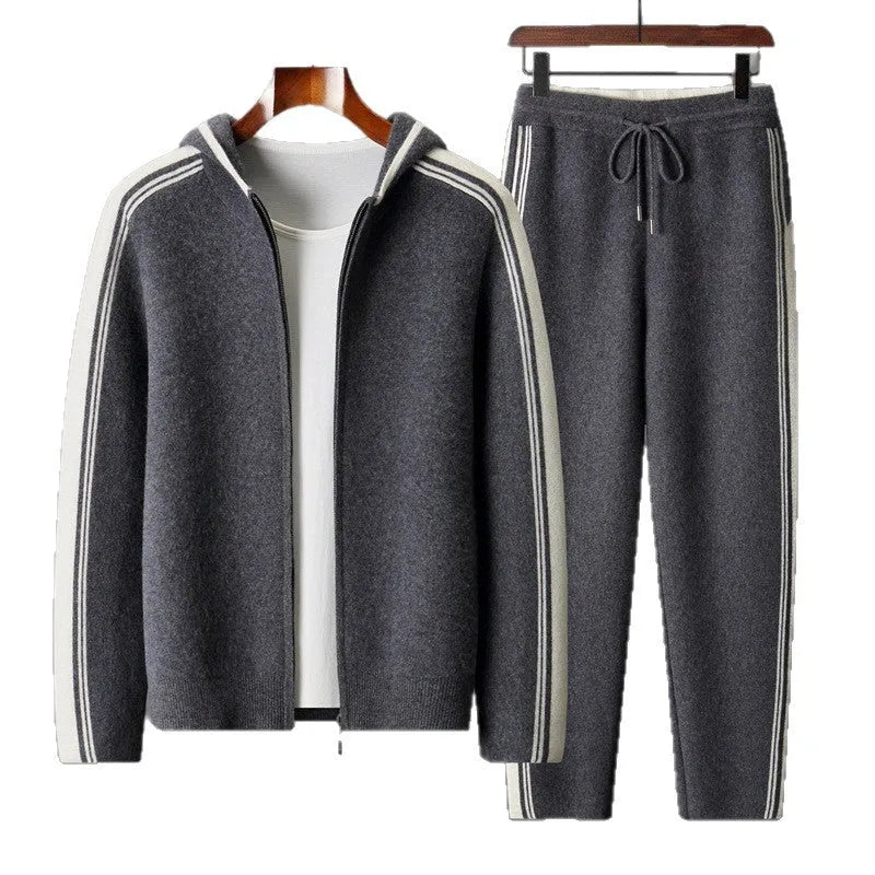 Men's wool two-piece set with hooded cardigan top and matching trousers in dark blue, dark grey, camel, or black