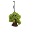 Pine tree-shaped cat chew toy with a dangling pendant, shown in three sizes.