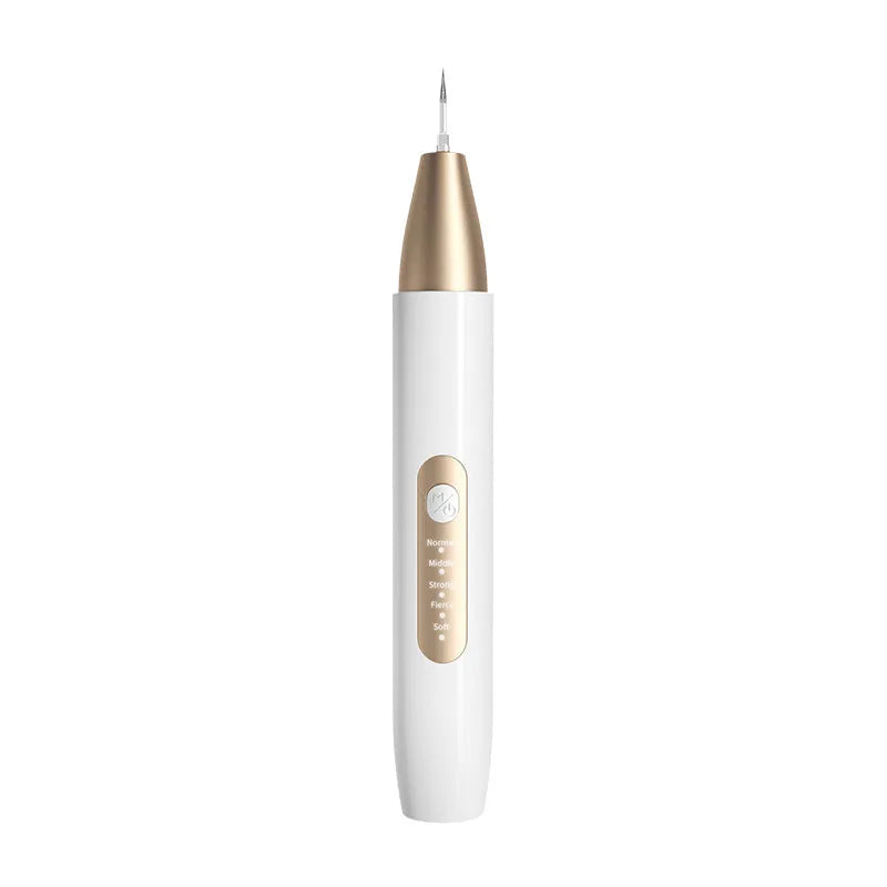 Gold ultrasonic tooth cleaning device for removing tartar and surface stains at home.